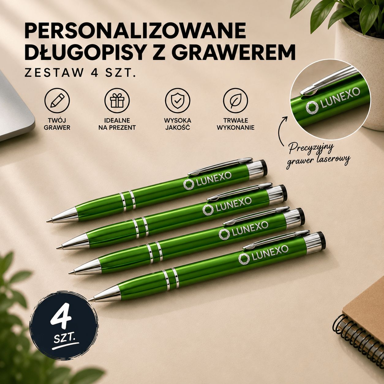 Personalizowany Zestaw Długopisów (4 szt.) z Grawerem | zielony