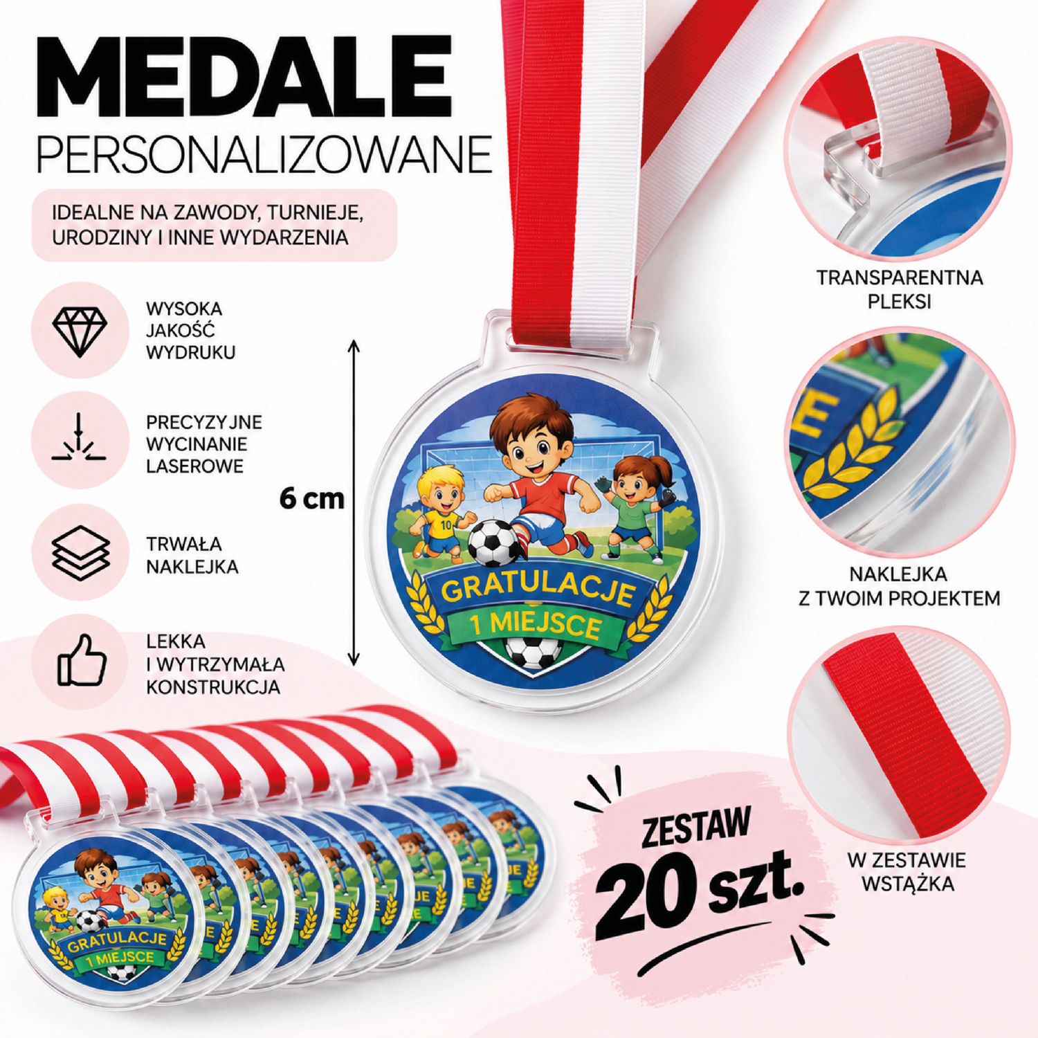 Personalizowane Medale Sportowe dla Dzieci z Plexi – Medale na Zawody, Turnieje i Konkursy z Własnym Projektem – Zestaw 20 szt.