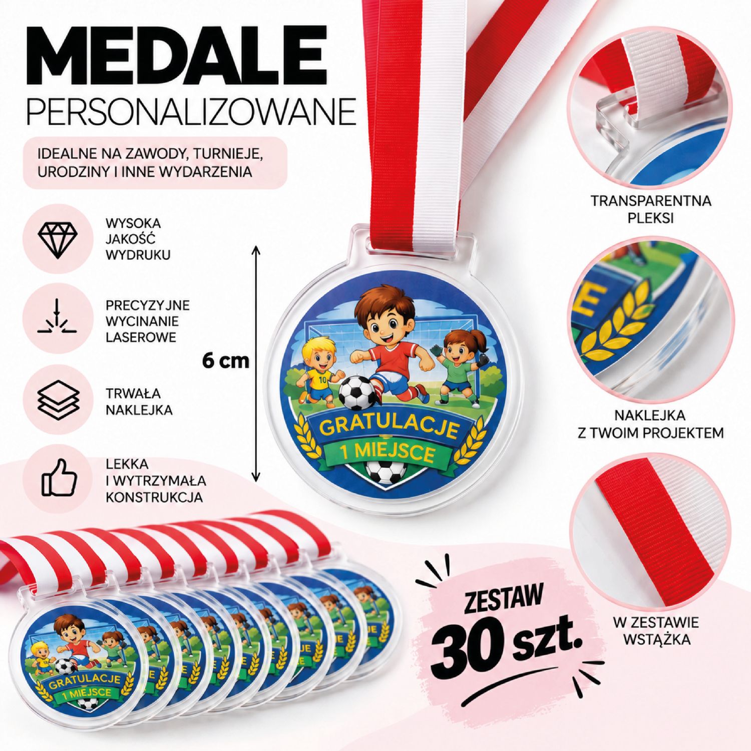 Personalizowane Medale Sportowe dla Dzieci z Plexi – Medale na Zawody, Turnieje i Konkursy z Własnym Projektem – Zestaw 30 szt.