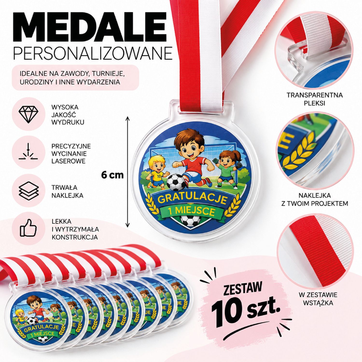 Personalizowane Medale Sportowe dla Dzieci z Plexi – Medale na Zawody, Turnieje i Konkursy z Własnym Projektem – Zestaw 10 szt.