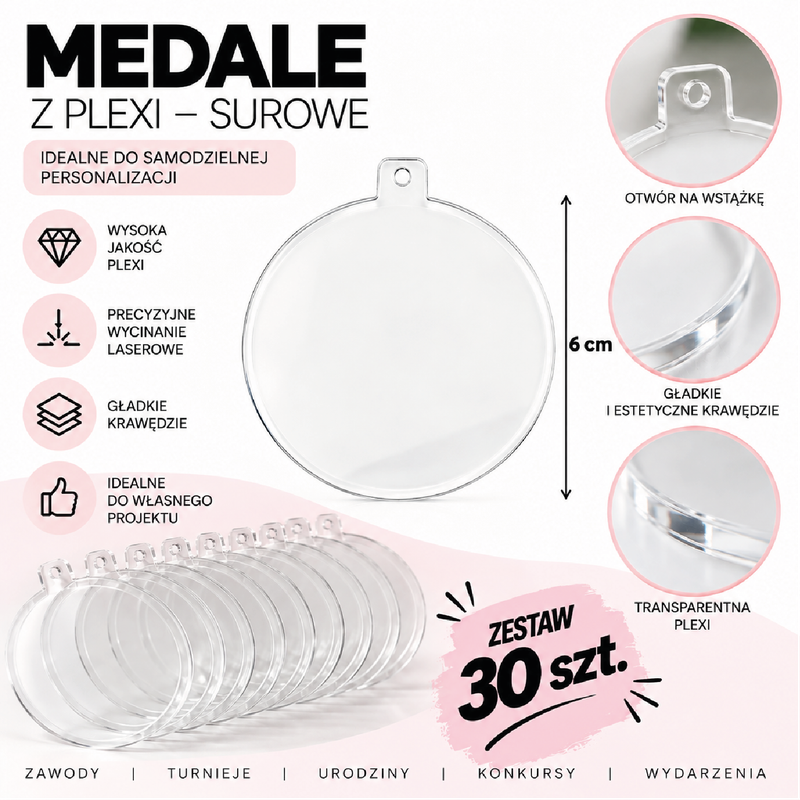 Surowe Medale z Przezroczystej Plexi 6 cm (30 szt)– Blanki do Personalizacji, Medale do Własnego Nadruku, Grawerowania i Ozdabiania – Wycinane Laserowo