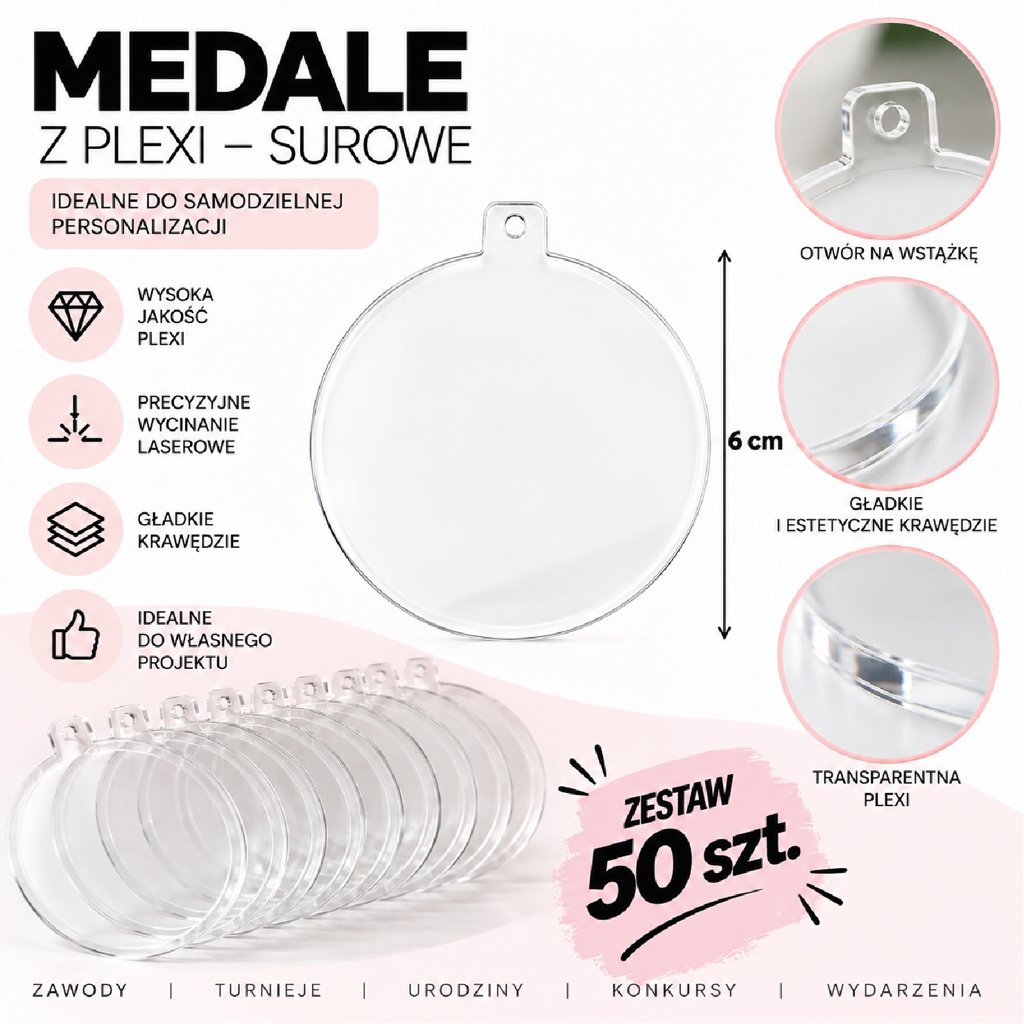 Surowe Medale z Przezroczystej Plexi 6 cm (50 szt)– Blanki do Personalizacji, Medale do Własnego Nadruku, Grawerowania i Ozdabiania – Wycinane Laserowo