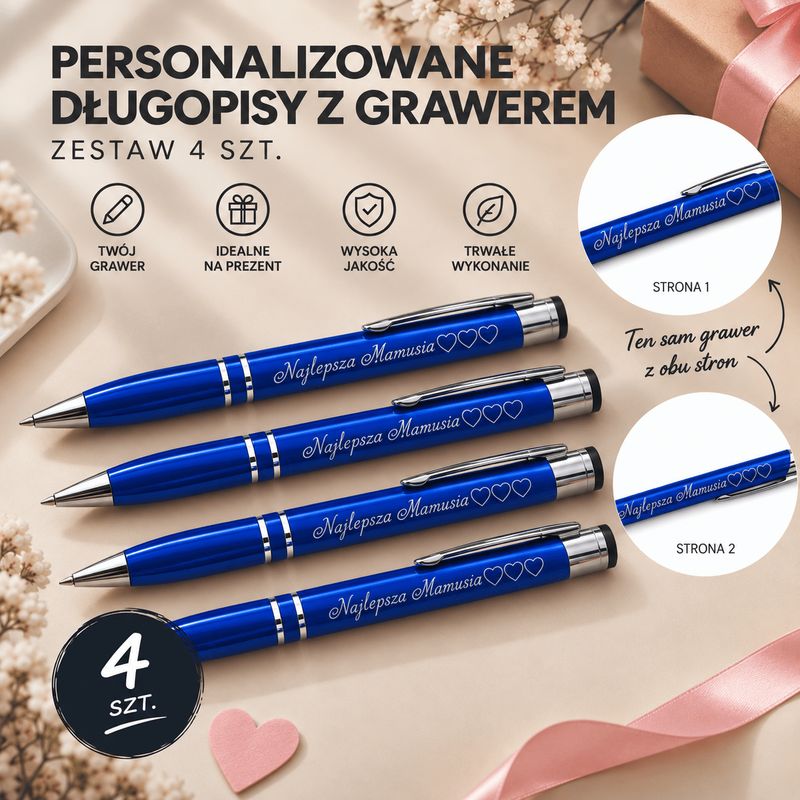 Zestaw 4 Metalowych Długopisów Personalizowanych z Dwustronnym Grawerem Laserowym – Eleganckie Długopisy z Imieniem, Dedykacją, Datą lub Własnym Napisem, 5 Czcionek do Wyboru | granatowy