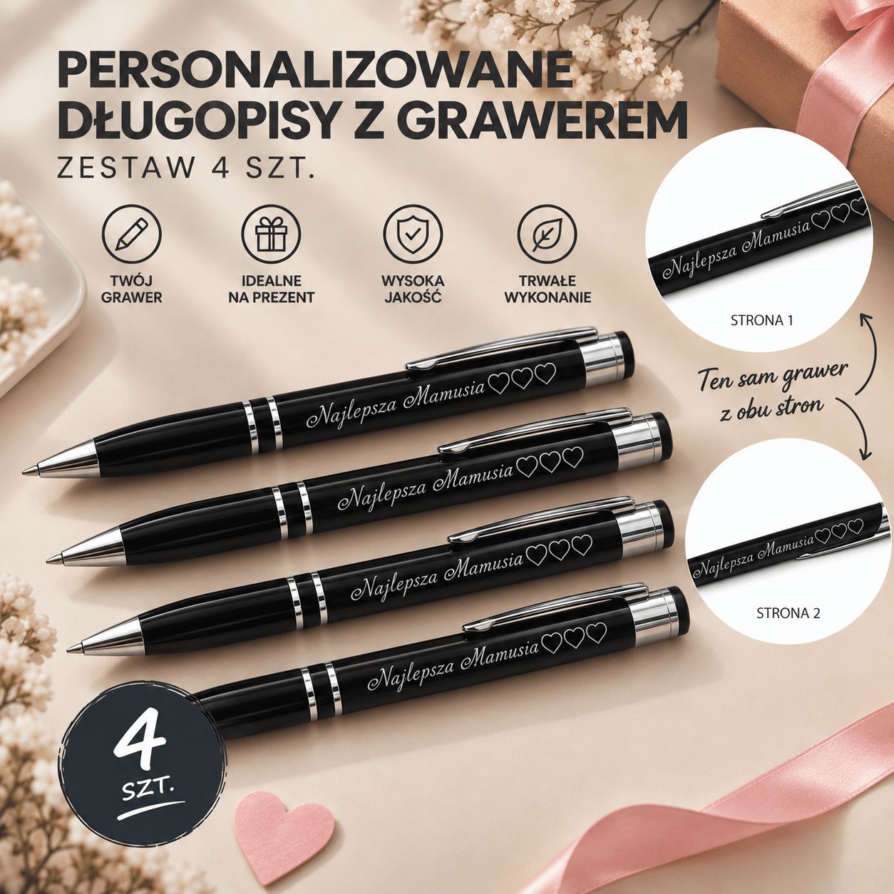 Zestaw 4 Metalowych Długopisów Personalizowanych z Dwustronnym Grawerem Laserowym – Eleganckie Długopisy z Imieniem, Dedykacją, Datą lub Własnym Napisem, 5 Czcionek do Wyboru | czarny