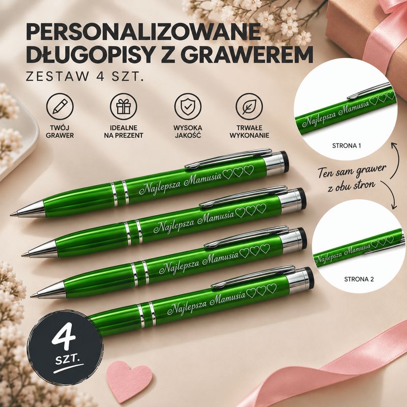 Zestaw 4 Metalowych Długopisów Personalizowanych z Dwustronnym Grawerem Laserowym – Eleganckie Długopisy z Imieniem, Dedykacją, Datą lub Własnym Napisem, 5 Czcionek do Wyboru | zielony