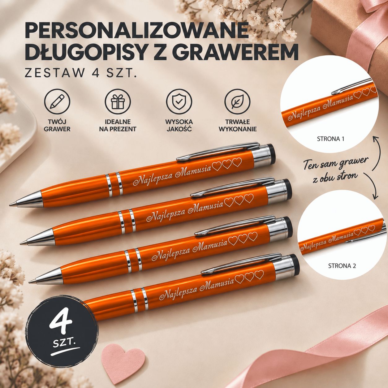 Zestaw 4 Metalowych Długopisów Personalizowanych z Dwustronnym Grawerem Laserowym – Eleganckie Długopisy z Imieniem, Dedykacją, Datą lub Własnym Napisem, 5 Czcionek do Wyboru – Prezent  | pomarańczowy
