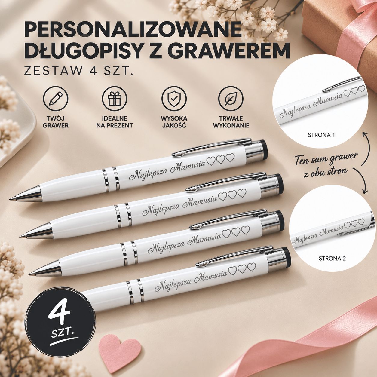 Zestaw 4 Metalowych Długopisów Personalizowanych z Dwustronnym Grawerem Laserowym – Eleganckie Długopisy z Imieniem, Dedykacją, Datą lub Własnym Napisem, 5 Czcionek do Wyboru | biały
