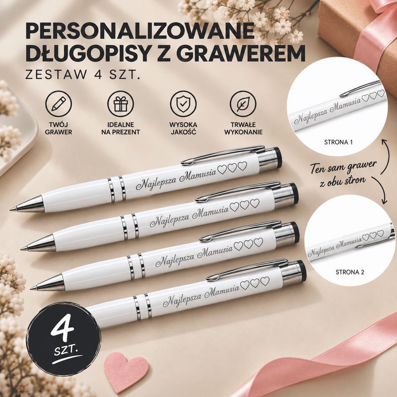 Zestaw 4 Metalowych Długopisów Personalizowanych z Dwustronnym Grawerem Laserowym – Eleganckie Długopisy z Imieniem, Dedykacją, Datą lub Własnym Napisem, 5 Czcionek do Wyboru | biały
