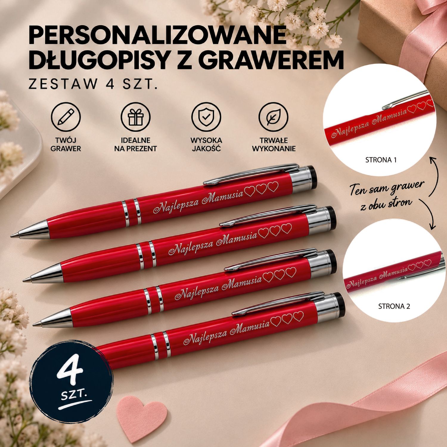 Zestaw 4 Metalowych Długopisów Personalizowanych z Dwustronnym Grawerem Laserowym – Eleganckie Długopisy z Imieniem, Dedykacją, Datą lub Własnym Napisem, 5 Czcionek do Wyboru | czerwony