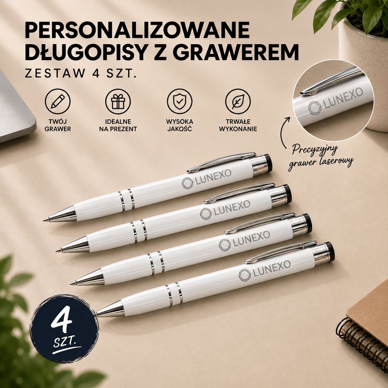 Personalizowany Zestaw Długopisów (4 szt.) z Grawerem | biały
