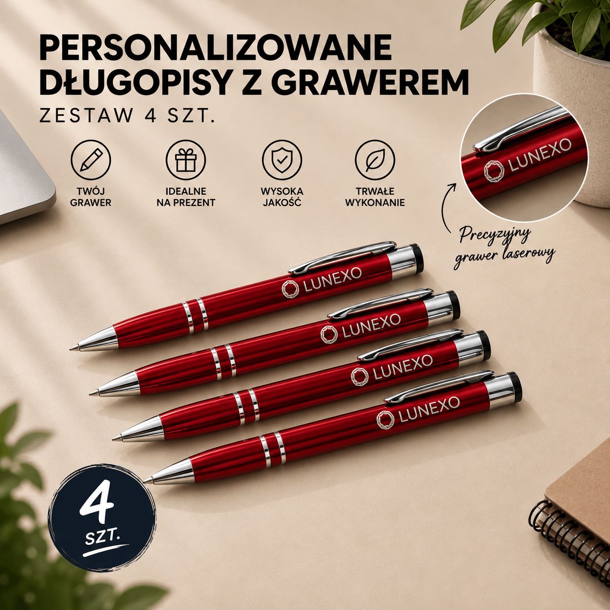 Personalizowany Zestaw Długopisów (4 szt.) z Grawerem | czerwony
