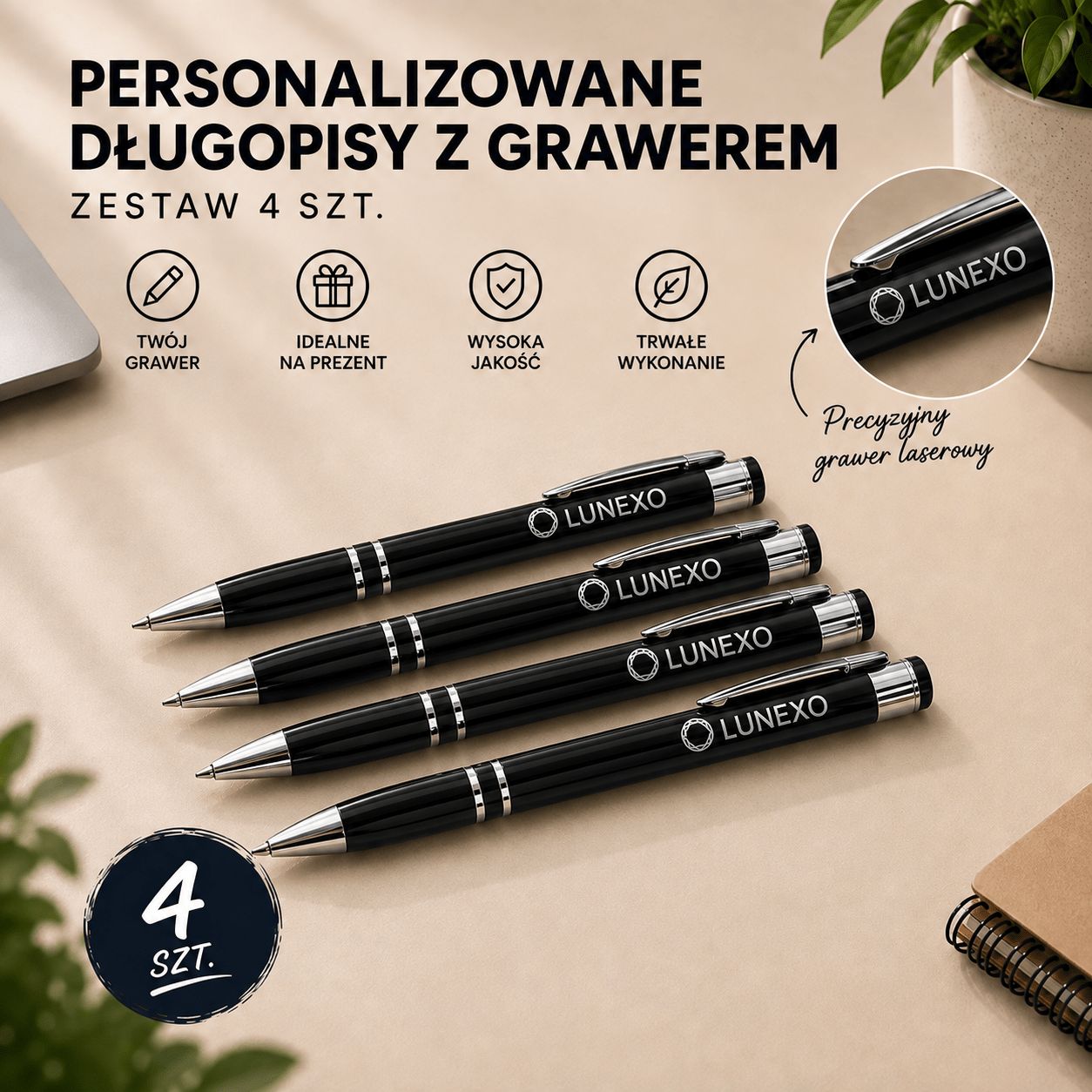 Personalizowany Zestaw Długopisów (4 szt.) z Grawerem | czarny