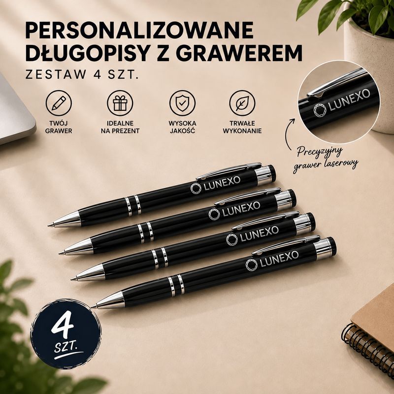 Personalizowany Zestaw Długopisów (4 szt.) z Grawerem | czarny