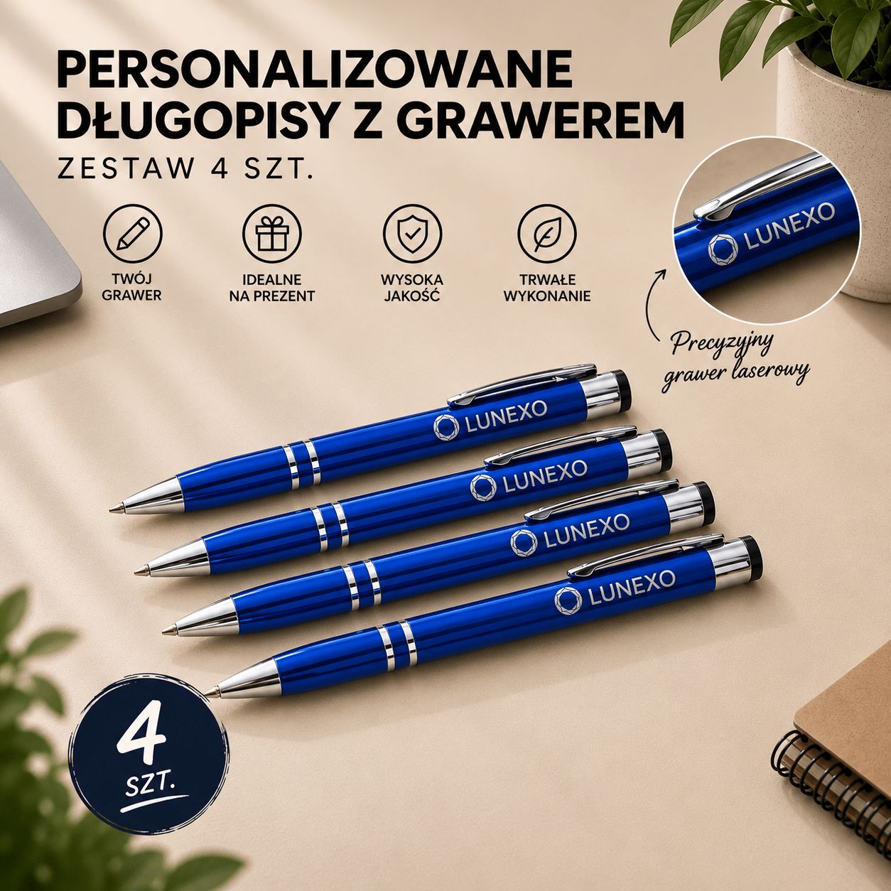 Personalizowany Zestaw Długopisów (4 szt.) z Grawerem | granatowy