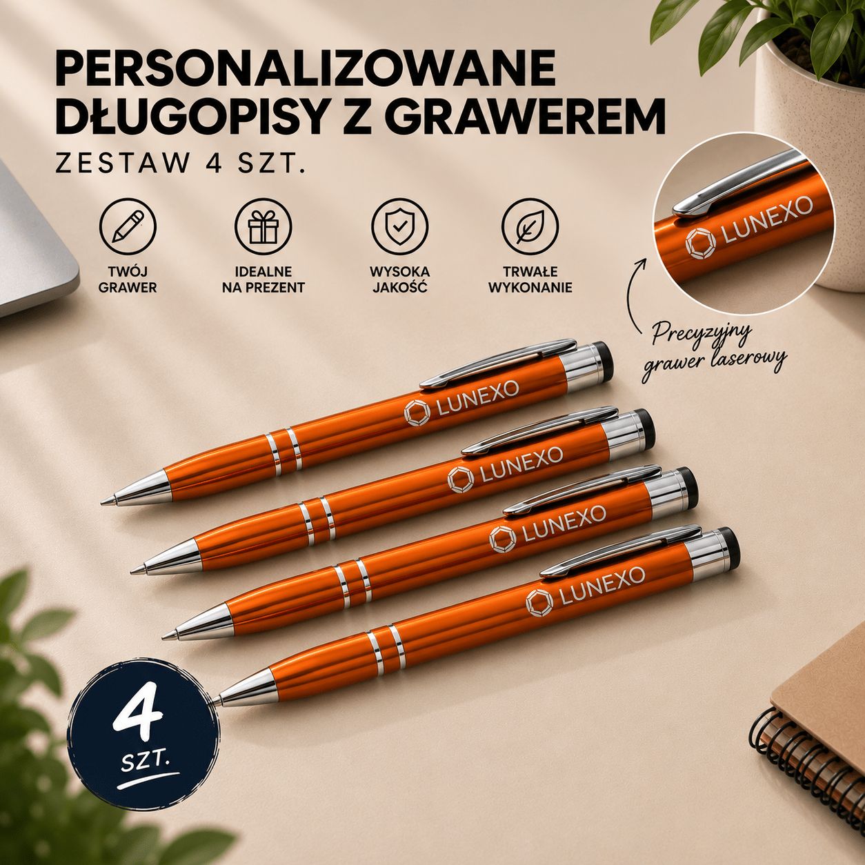 Personalizowany Zestaw Długopisów (4 szt.) z Grawerem | pomarańczowy