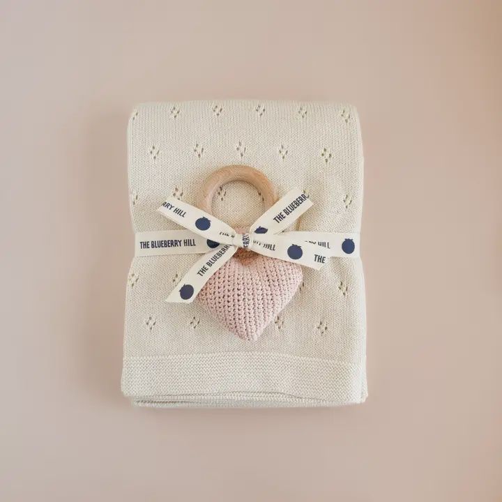 Heart Rattle Teether Cream Blanket Set