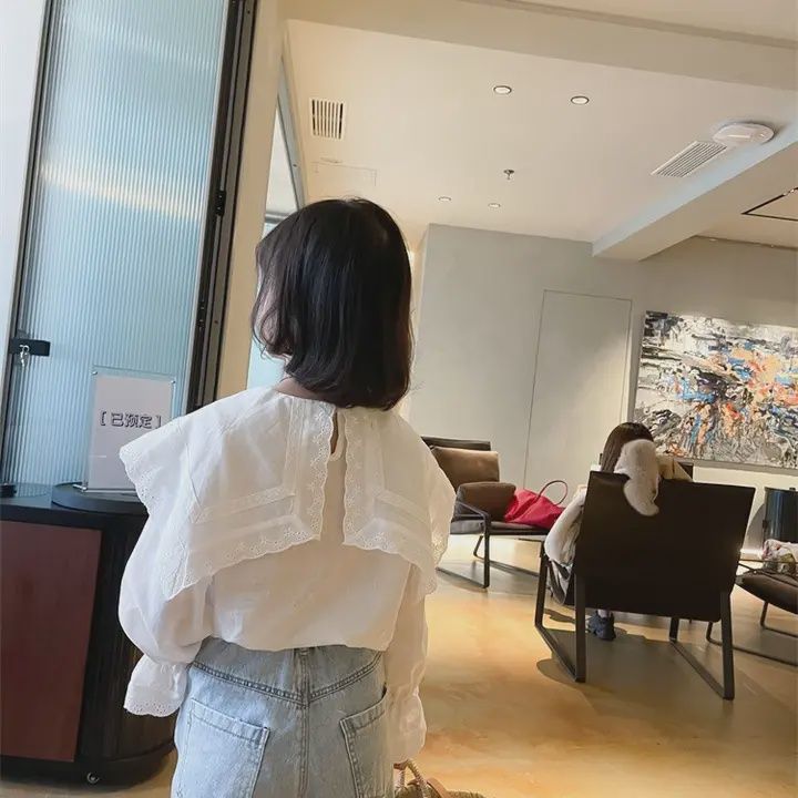 Girls White Long Sleeve Lace Collar Shirt