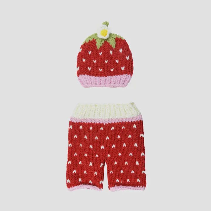 Addie Strawberry Hat &amp; Pant Knit Set