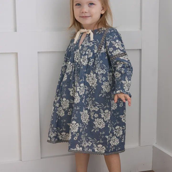 Blue Floral Printed Front &amp; Bottom Lace Long Sleeves Gathere, Size: 12-18M