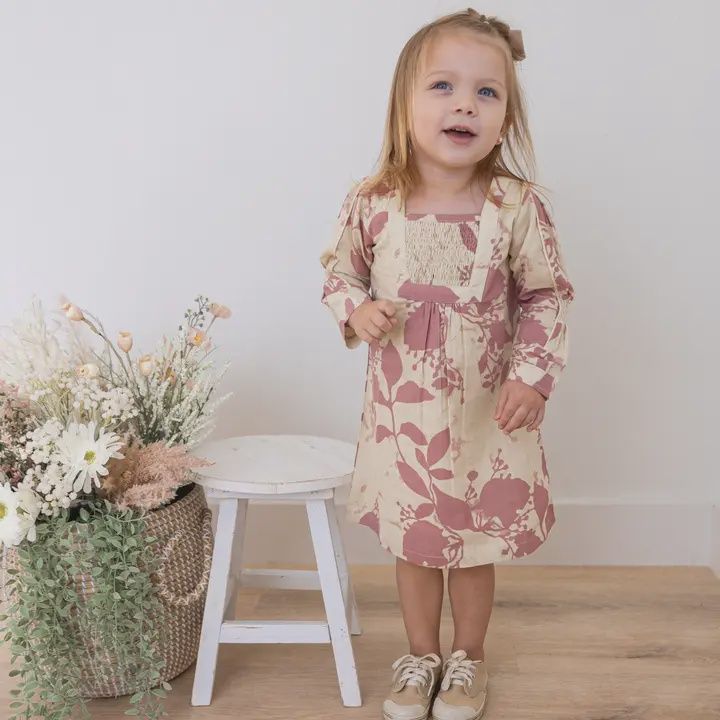Dark Pink Floral Printed Long Sleeves Gathered Dress, Size: 2Y