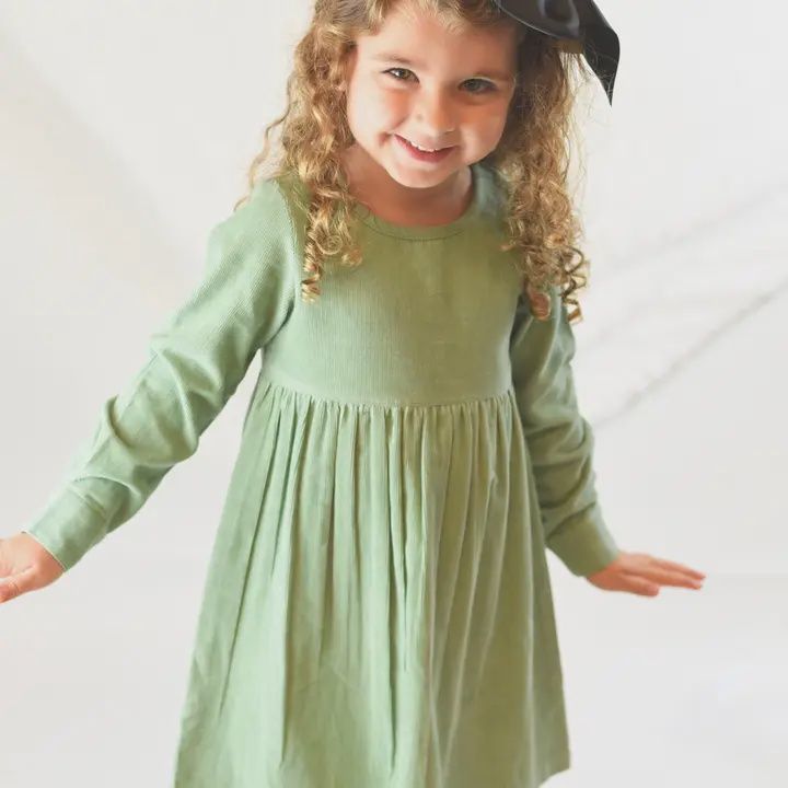 Corduroy Empire Waist Dress - Sage Green, Size: 2Y