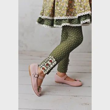 Girls Knit Leggings Green &amp; White Polka Dot &amp; Gingham Fringe (2T)