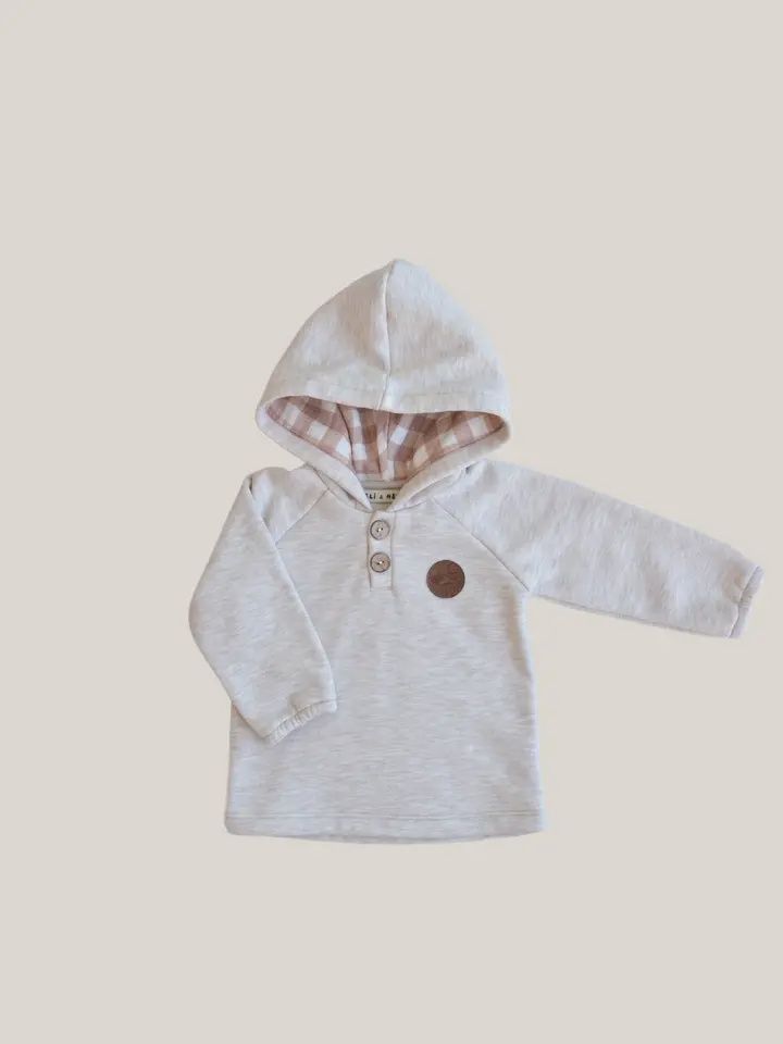 Raglan Sleeve Beige Hoodie Plaid Hood, Size: 3-6M