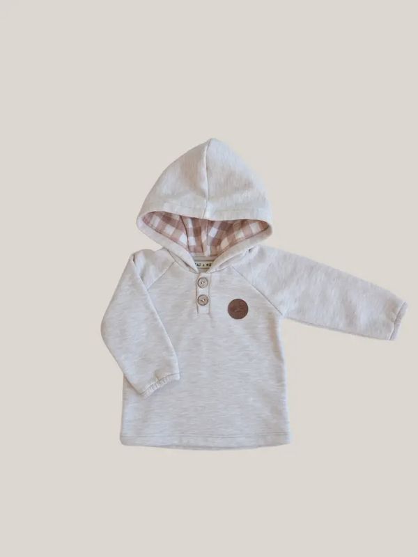 Raglan Sleeve Beige Hoodie Plaid Hood