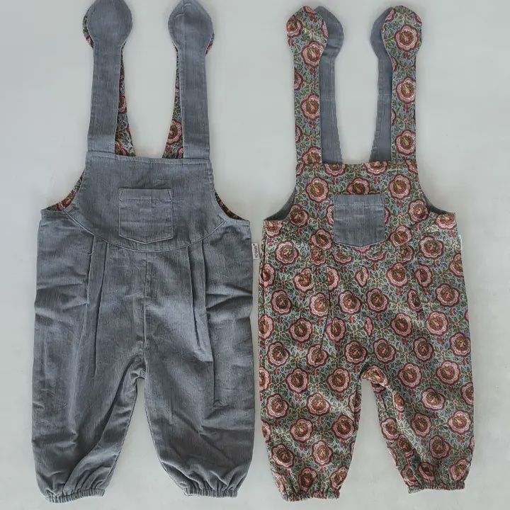 Reversible Solid Grey Corduroy &amp; Grey Floral Printed Jumpsuit