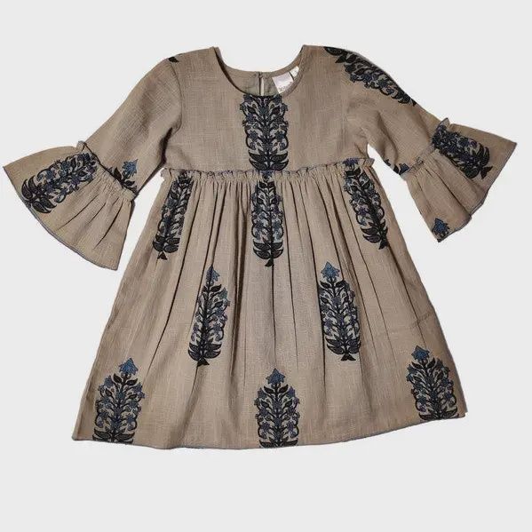 Grey Floral Print Bell Sleeves Dress, Size: 3T