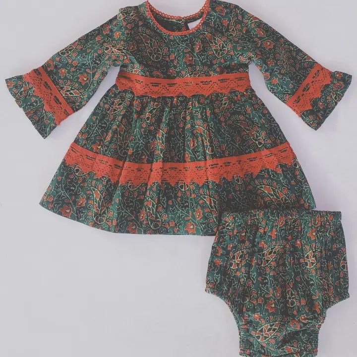 Green &amp; Maroon Printed Long Sleeve Lace Dress &amp; Diaper Cover, Size: 12-18M