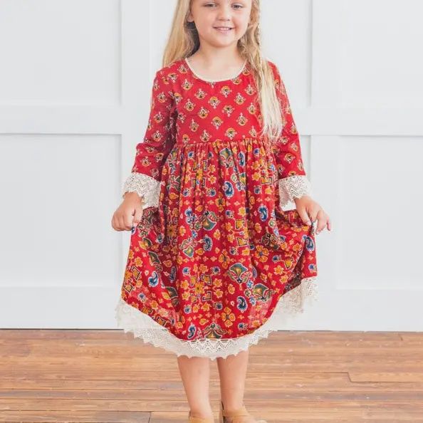 Red &amp; Blue Printed Long Sleeve Lace Detail, Size: 2T