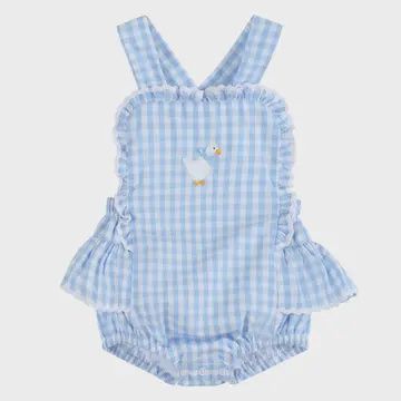 Blue Gingham Goose Lace Bow Ruffle Romper 3-6M