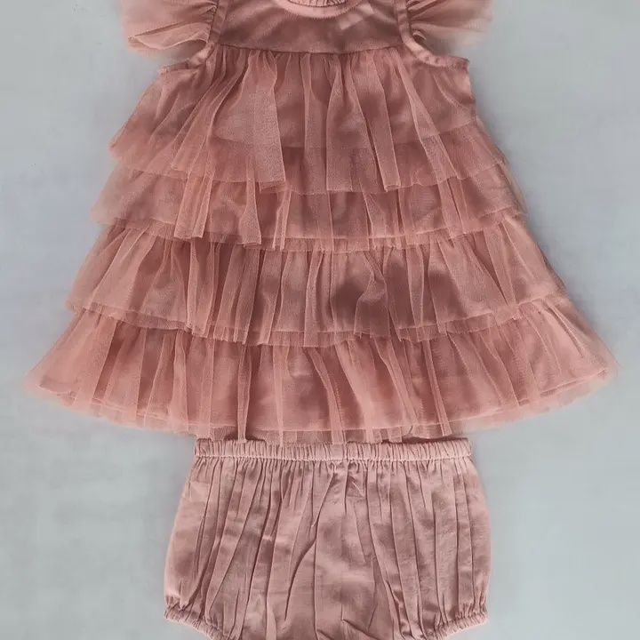 Dark Pink Tulle Solid Color Neck &amp; Sleeve Ruffled Tiered Dre, Size: 9-12M