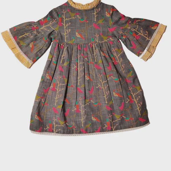 Bird Print Bell-Sleeves Dress, Size: 6Y