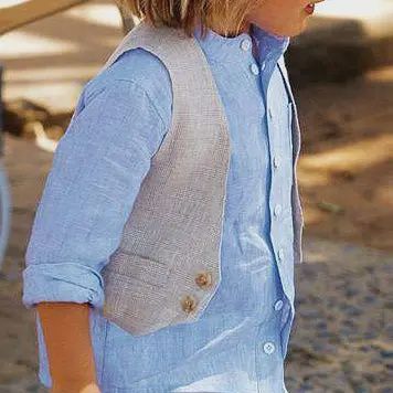 Boys 3 Piece Set Light blue shirt with Ivory Vest and Shorts