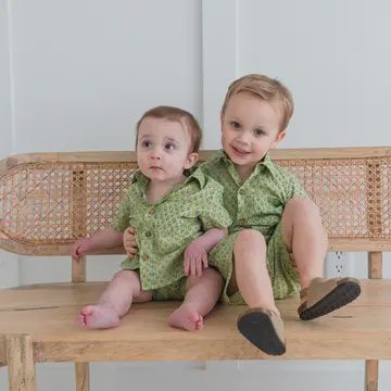 Sage-Green Printed Boys Shirt &amp; Shorts Set