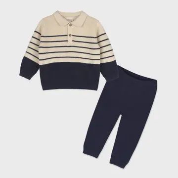 Classic Stripe Polo Sweater Knit Baby Pullover &amp; Pant Set  Natural/Navy Blue