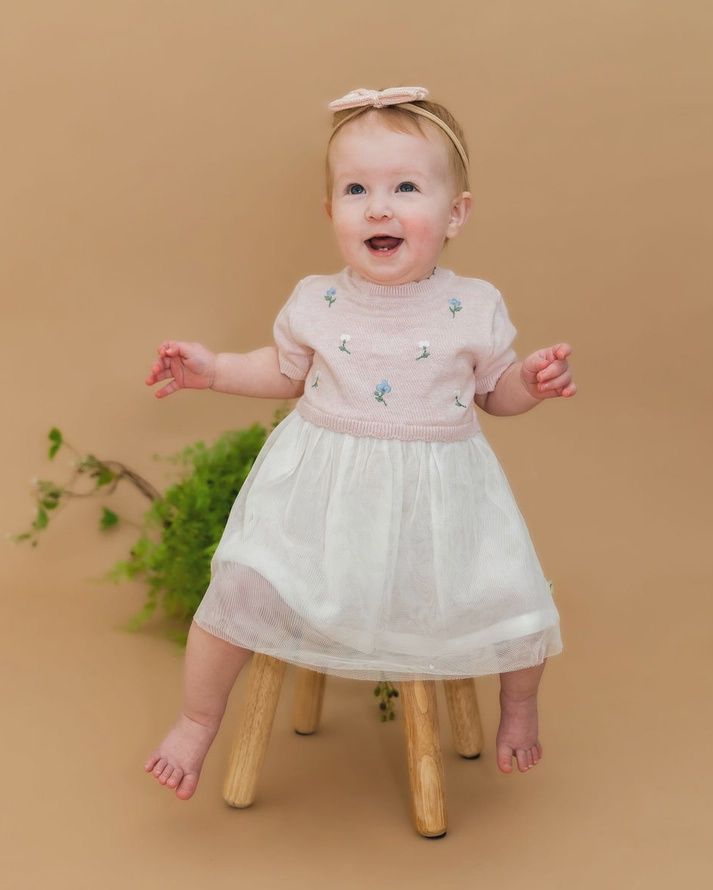 Floral Embroidered Tutu Baby Knit Dress Pink Heather