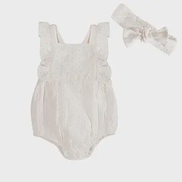 Baby Romper + Headband (Organic), Colour: White, Size: 0-3M
