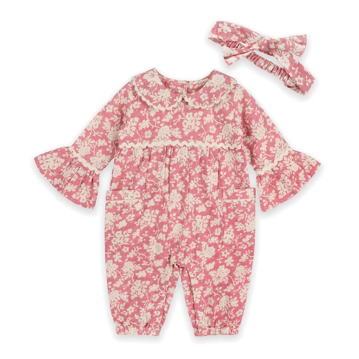 Beatrice Floral Baby Jumpsuit &amp; Headband (Organic Cotton): Pink Floral