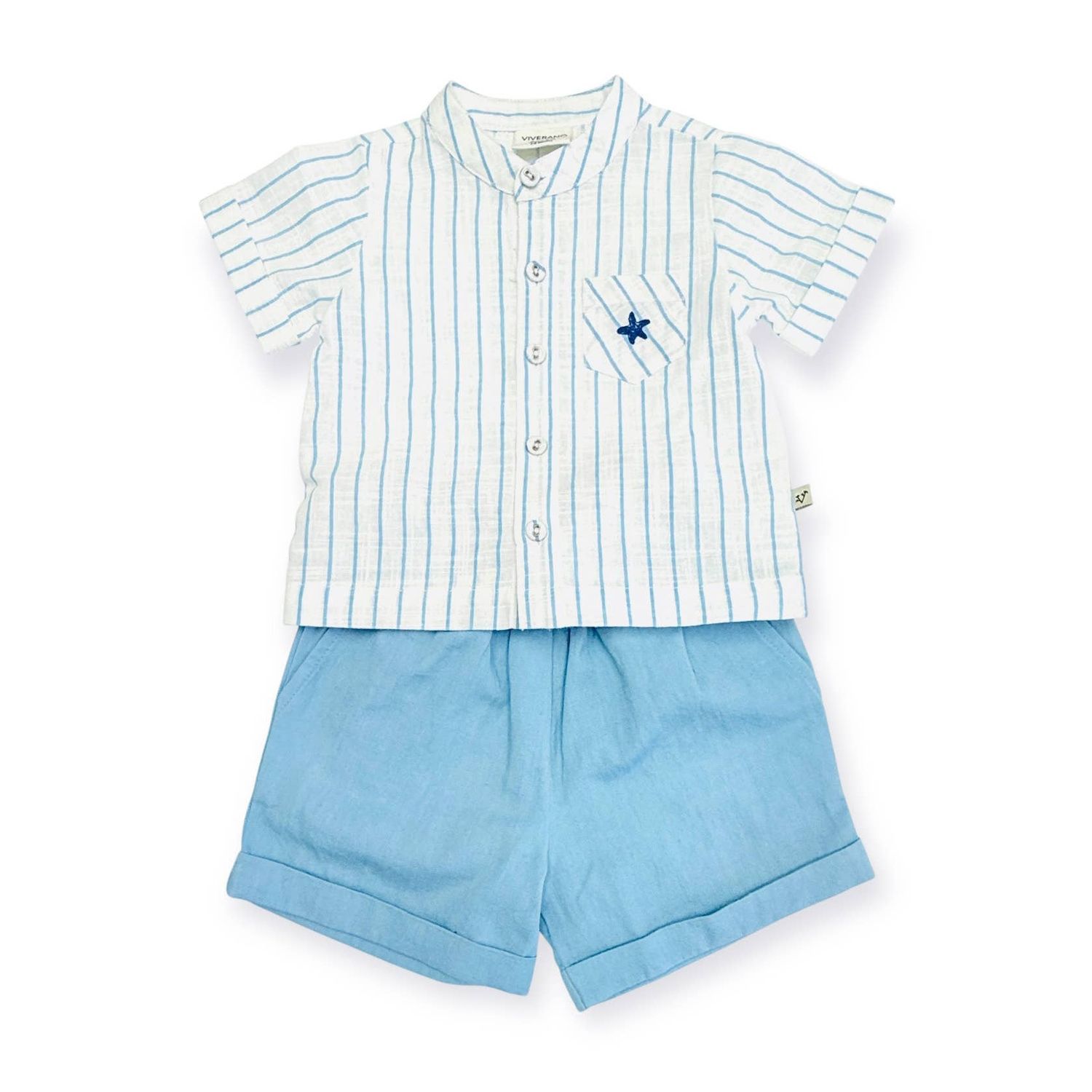 Jasper Baby Shirt + Shorts Set (Organic) : Sea Blue Stripe / 6-12M