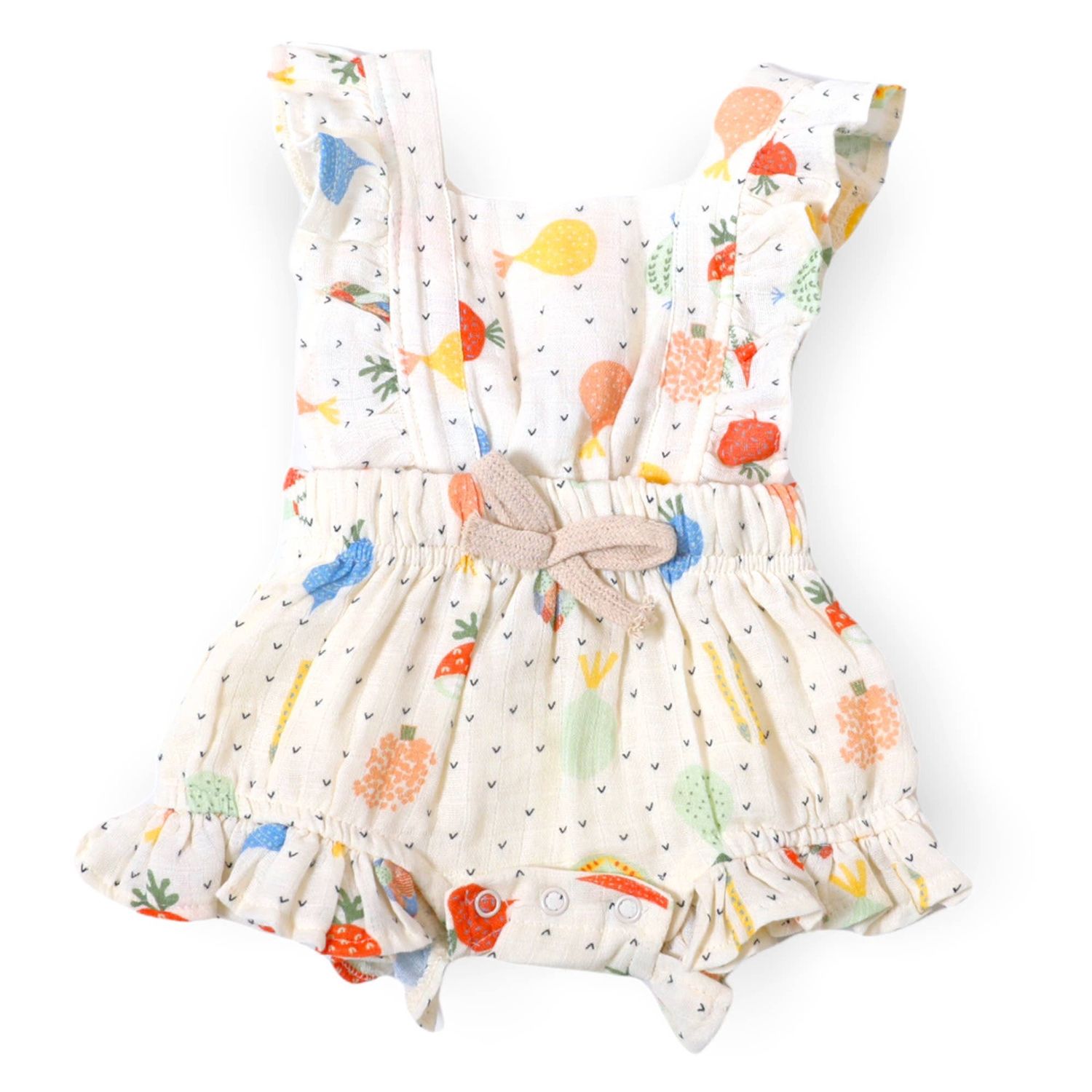 Veggie Ruffled Short Baby Romper Tie Back (Organic Muslin): Natural / 0-3M