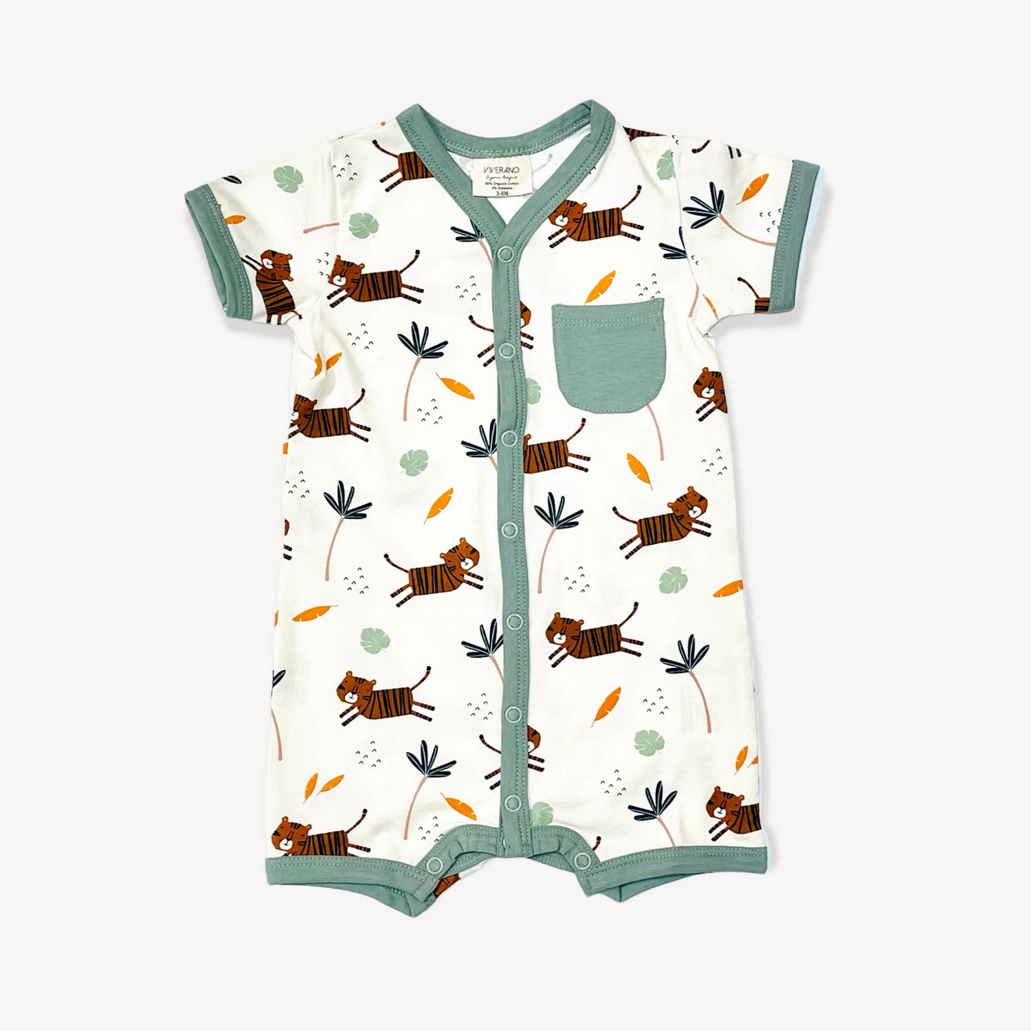 Tiger Button Front Short Romper (Organic Jersey): Natural / 3-6M