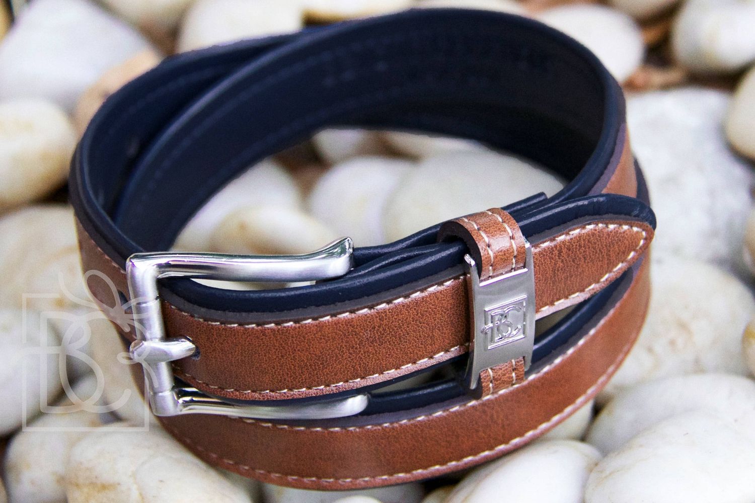 DOUBLE LEATHER BELT, Color: Navy/Brown, Size: 16" (6-12 Months)