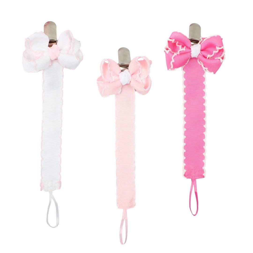 Crochet Edge Grosgrain Pacifier Clip w/ Detachable Bow