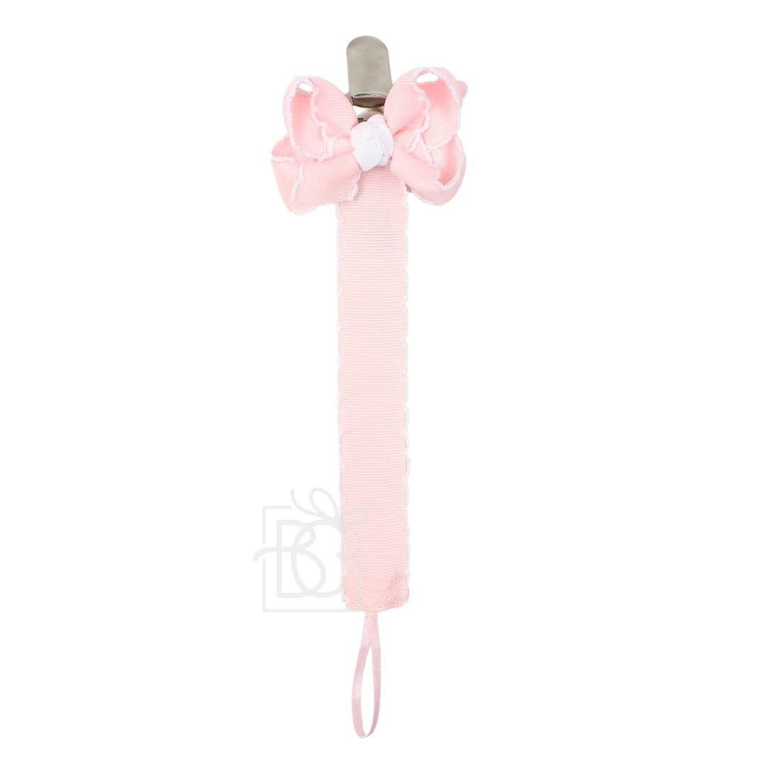 Crochet Edge Grosgrain Pacifier Clip w/ Detachable Bow, Color: Light Pink w/ White Crochet Edge