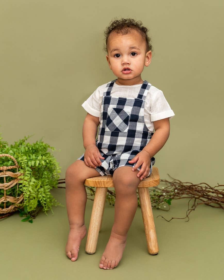 Raphael Checker Gingham Romper + Shirt Set (Organic Cotton): Navy Gingham