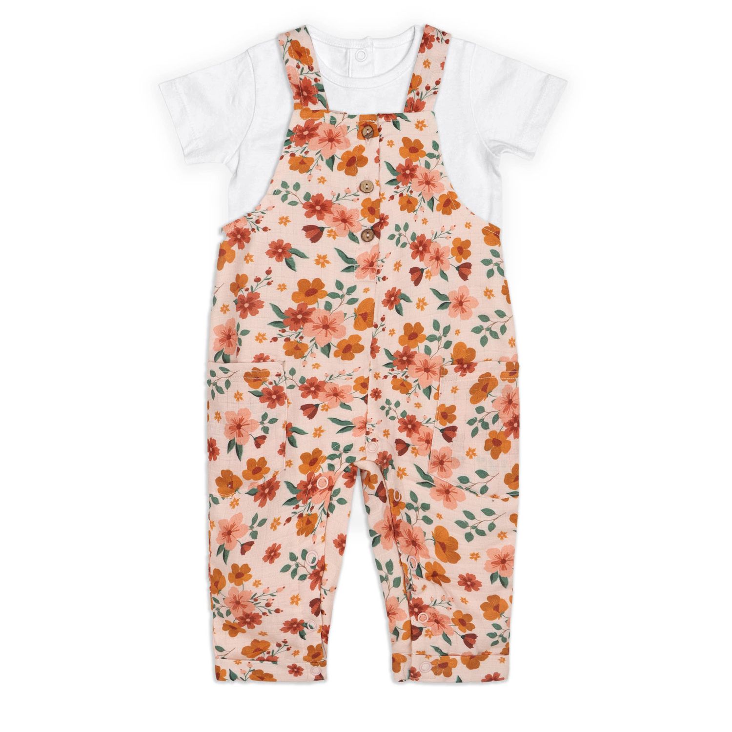Summer Floral Baby Dungaree + Bodysuit (Organic Muslin): NATURAL