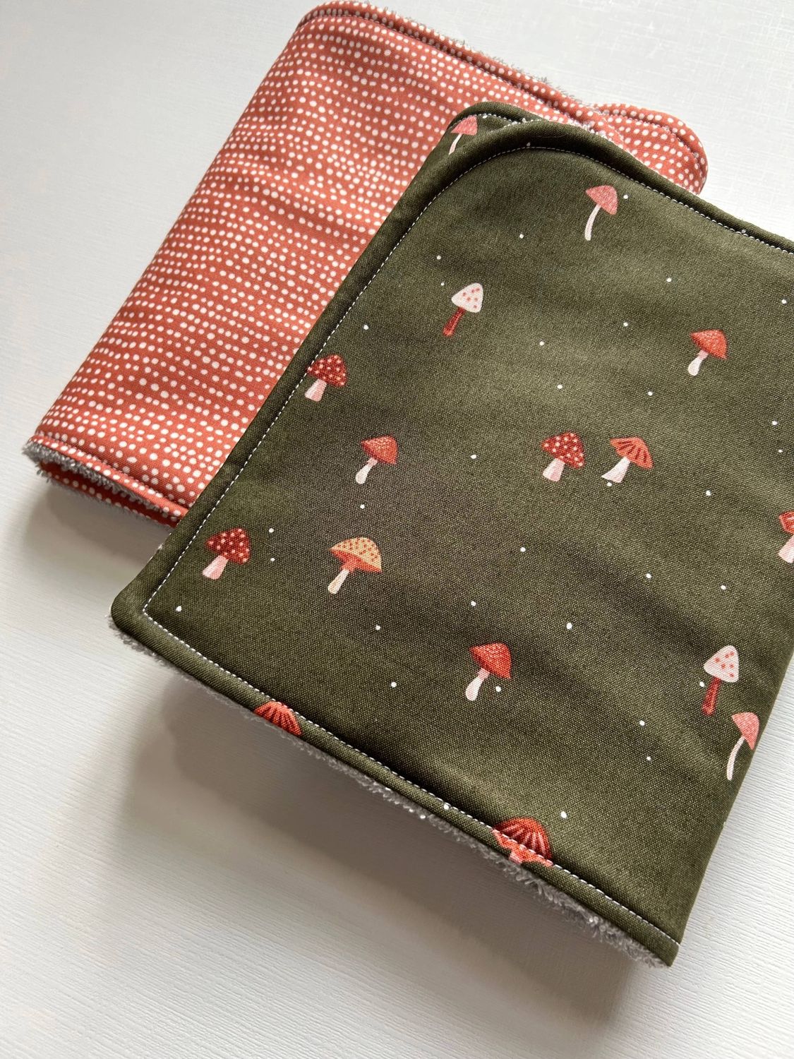 Mushrooms on Green Burp Cloth, set of 2